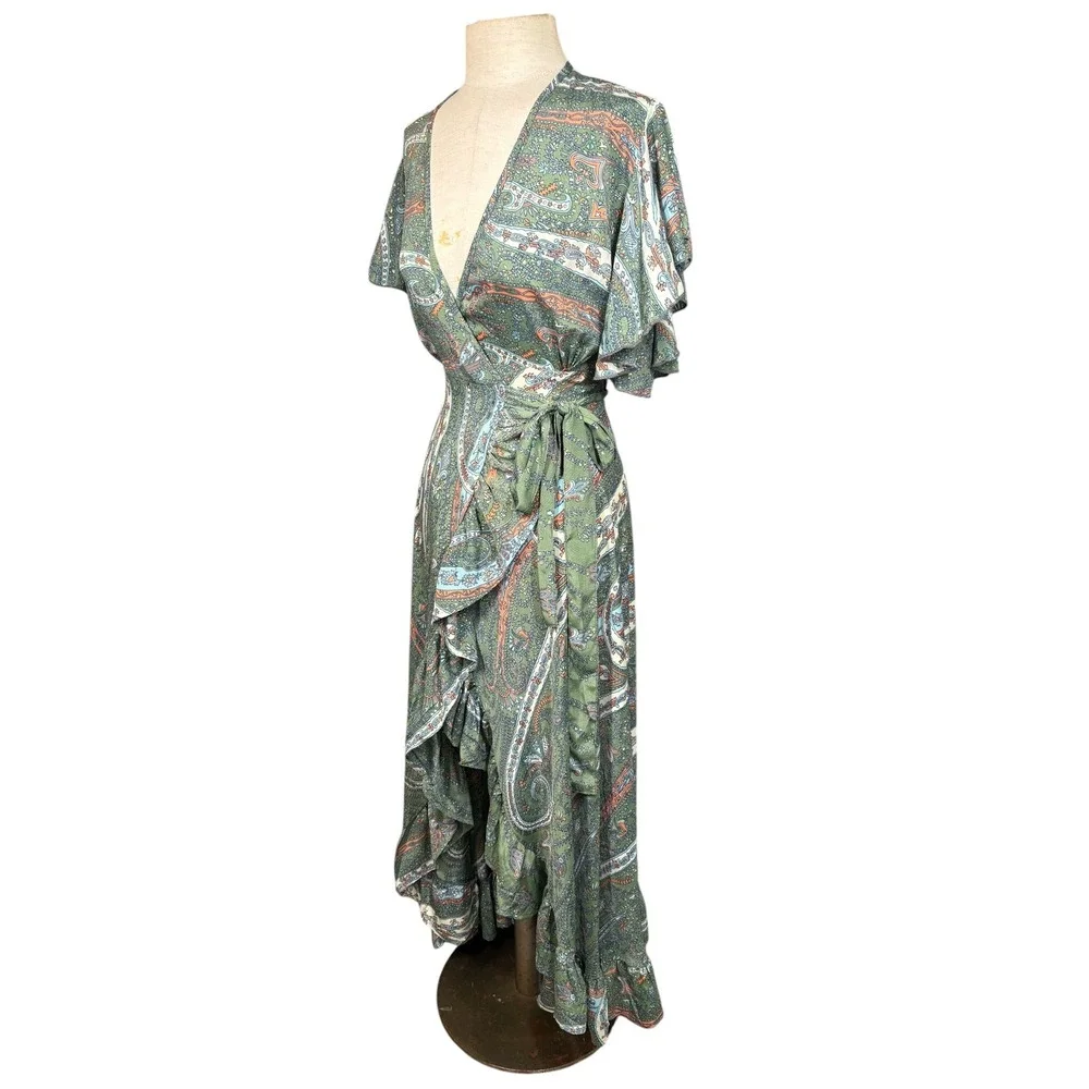 Perry Walker Silk Blend Paisley Print Wrap Maxi Ruffle Dress M Boho Coastal
